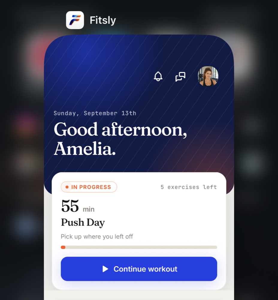 Client home screen in the standard Fitsly app