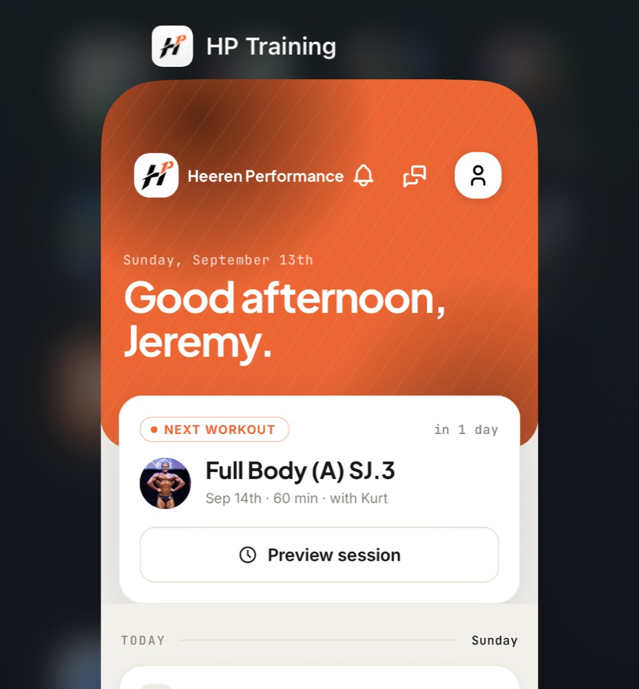 The same home screen in Heeren Performance's own app