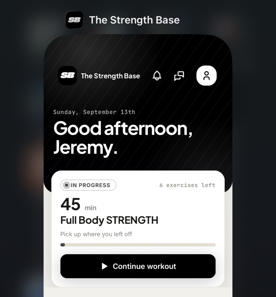 The same home screen in The Strength Base's own app