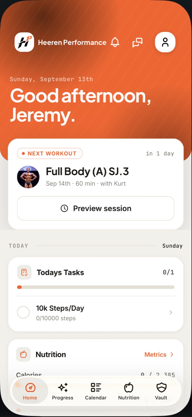 Heeren Performance's app on a client's phone